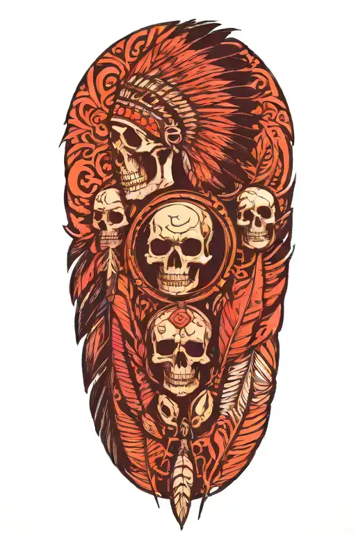 indian feathers with skulls tattoo design idea