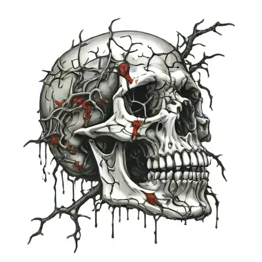 Broken Skull no jaw covered in blood with a diadem of thorns. Cracks, satanic, Satanism. broken teeth, missing teeth. tattoo design idea