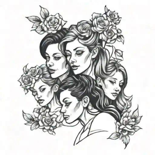 fine line image representation of mum amd 2 daughters tattoo design idea