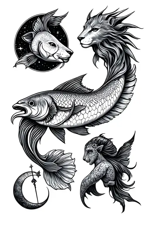 celestial signs of six star signs: Pisces, Leo, Libra, Virgo, Cancer, and Aquarius together tattoo design idea