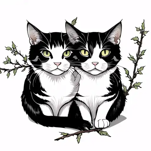 Cedar branch and two cats in the Japanese style tattoo design idea