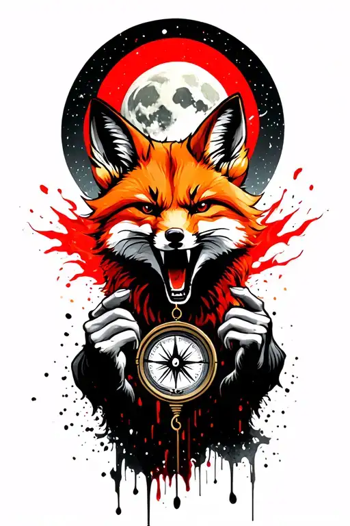 Angry ginger fox howling at the moon with the hands of a compass on it in burning forest tattoo design idea
