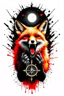Angry ginger fox howling at the moon with the hands of a compass on it in burning forest tattoo design idea