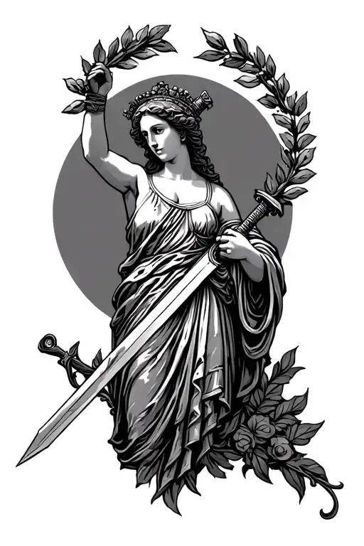 The Roman goddess Victoria holding a sword in one hand and a laurel wreath in the other tattoo design idea