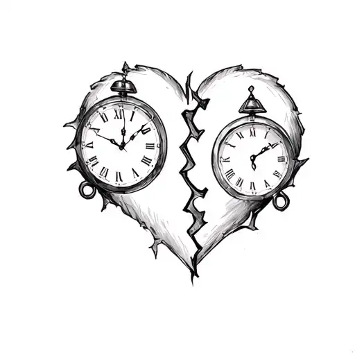 Broken heart with clocks holding the pieces together tattoo design idea
