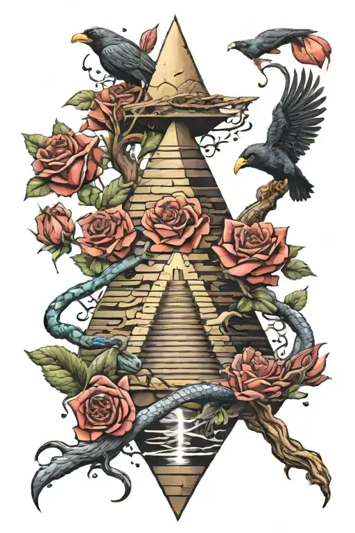 snake roses pyramid trees roses crows moons stars waterfalls tattoo design idea