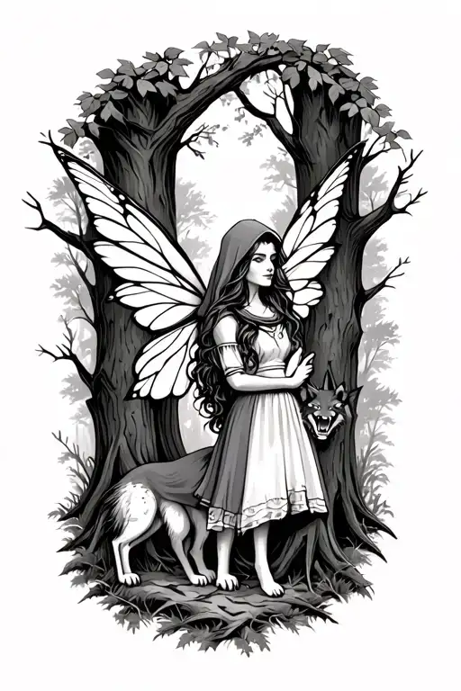 little red riding hood as a fairy in woods with snarling wolf in trees tattoo design idea