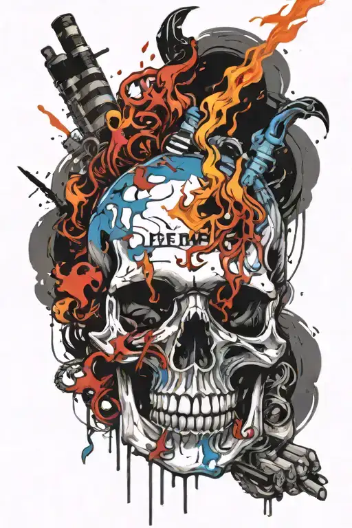 BLACK AND BLUE FLAMES AND SKULL AND CIGARETE tattoo design idea