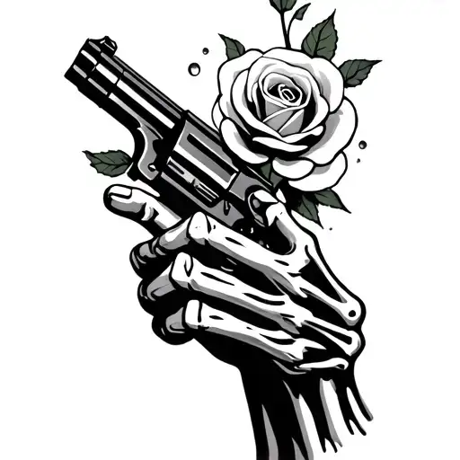 please make a skeleton hand holding a pistol with a rose coming out of the barrel. tattoo design idea