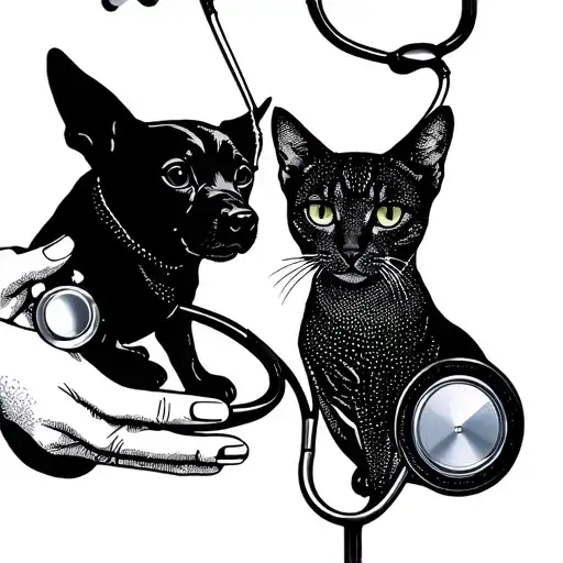 A nurse holding a stethoscope with a hidden silhouette of a dog and cat tattoo design idea