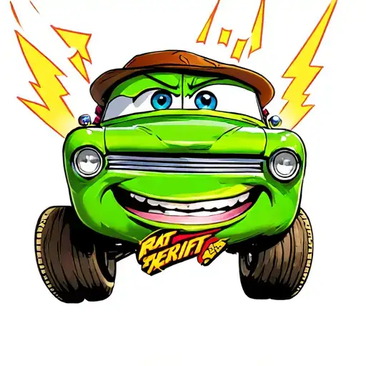 sheriff woody in the style of rat fink driving lightning McQueen tattoo design idea