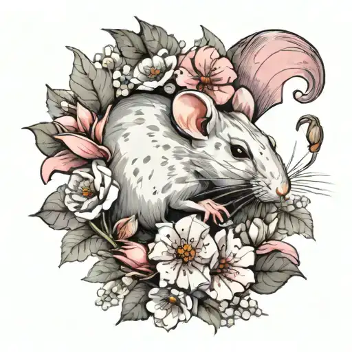 a white rat with gray spots,pink tail,with big ears.A rat eats a carrot.The rat is surrounded by flowers.The rat is cute tattoo design idea