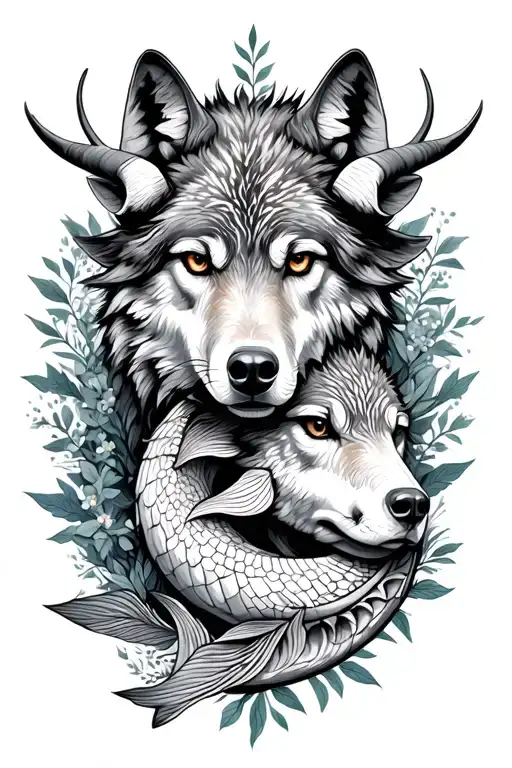 Taurus, wolf and pisces with nature tattoo design idea