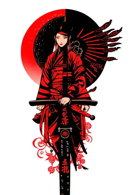 katana, Japanese sun, Shinto shrine tattoo design idea