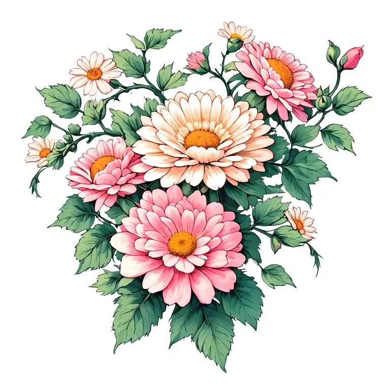 Chrysanthemum rose and daisy feminine vines to grow down from anckle to foot rosebud with rosebud vines less daisy ribbo tattoo design idea