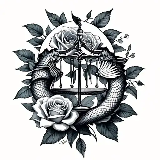 libra zodiac sign intertwined with pisces and roses tattoo design idea