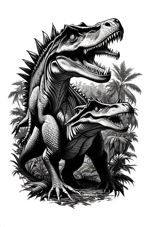Tiranosaure Rex who eats another dinosaur on a jungle background tattoo design idea