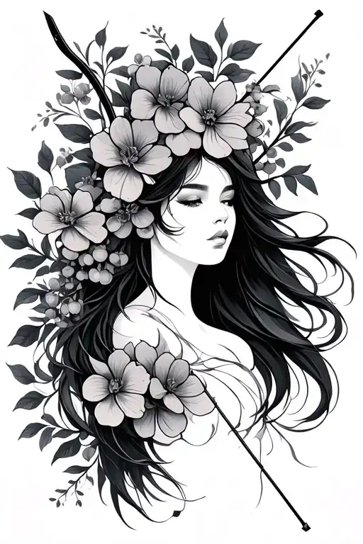 Cherry flowers and female silhouette with long hair, without showing the face and body, holding bow and arrow tattoo design idea