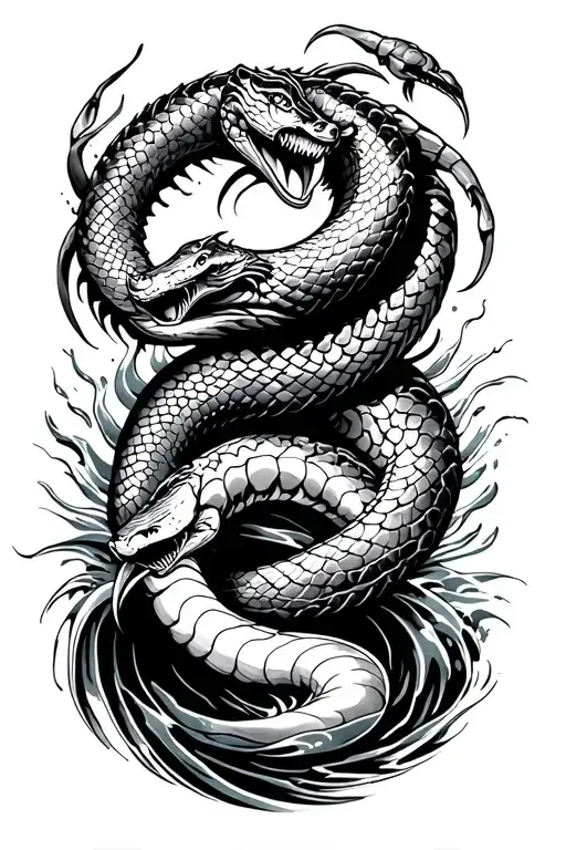 snake and scorpion fight on water waves tattoo design idea