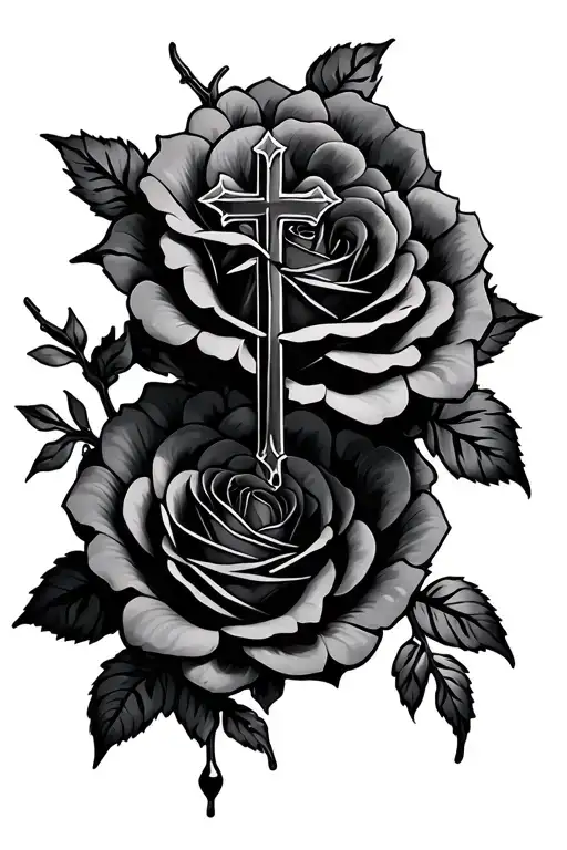 cross and rose intertwined tattoo design idea
