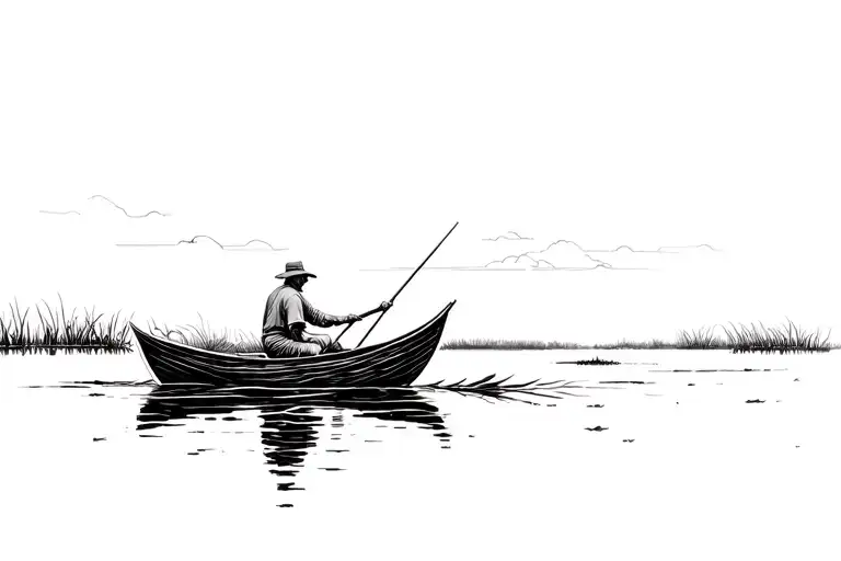 guy in marshes driving his own boat , lines details,less details, black and gray, holding a stick to move the boat tattoo design idea