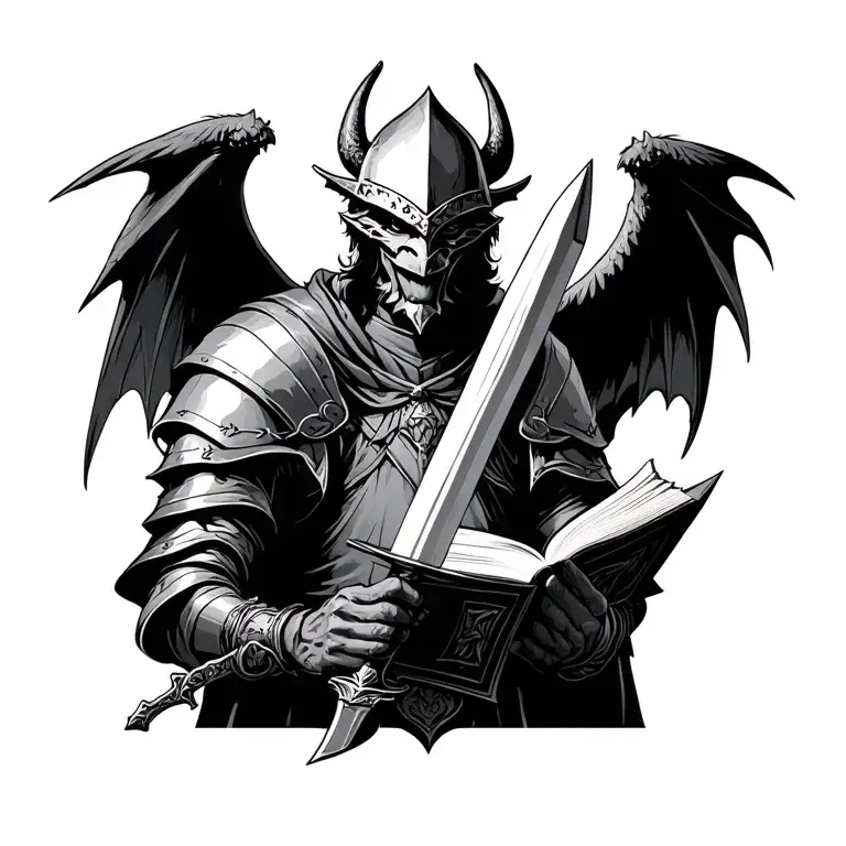 medieval knight with demon wings holding book in one hand and a sword in the other tattoo design idea