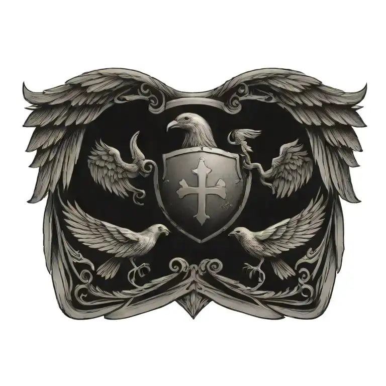 Coat of arms with pair wing of dove and cross in the shield, helm templar tattoo design idea