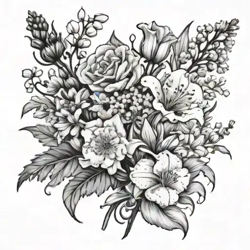 black and white bouquet of carnation, lily of the valley, larkspur, poppy, chrysanthemum, narcissus. one of each flower tattoo design idea