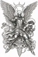 arc angel michael slaying demons, is coming down from the heavens, and a pair of angels praying nearby  tattoo design idea