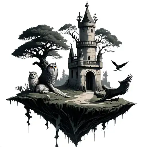 A floating island, with two large trees, a tower in the middle with a crown. An owl right next to the tower, a lying lio tattoo design idea