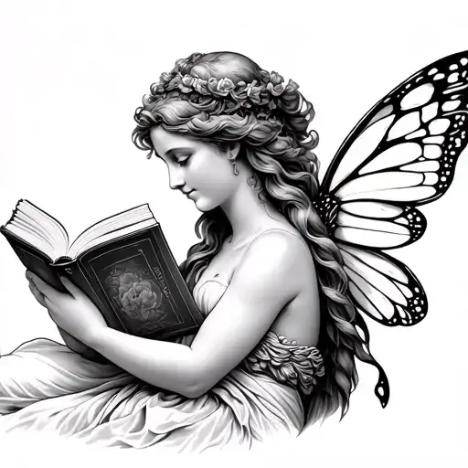 Greek Dionysus theatre goddess fairy reading a book tattoo design idea