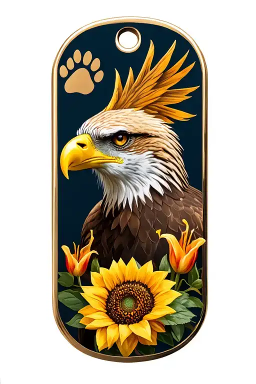 eagle, military dog  tags, paw print, sunflower, tulip, rose, tiger lily, tattoo design idea