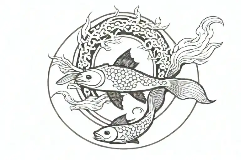 Japanese fish pond covered in amaterasu flame tattoo design idea