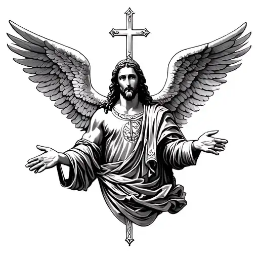 A tattoo design featuring Catholicism angels Jesus Roman spartans tattoo design idea