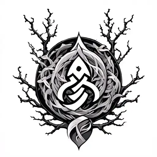 A tattoo design of the triskele symbol in the middle of the tattoo mixed with Chinese branches and something related to  tattoo design idea