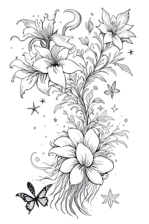 spider lilies,moon flowers, daffodils,ginko tree,ocean waves,jellyfish,stars,oroborous,chaos,butterfly& dominos,phoenix tattoo design idea