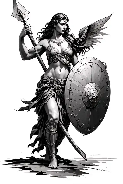 Athena holding a spear and a shield fighting ares tattoo design idea