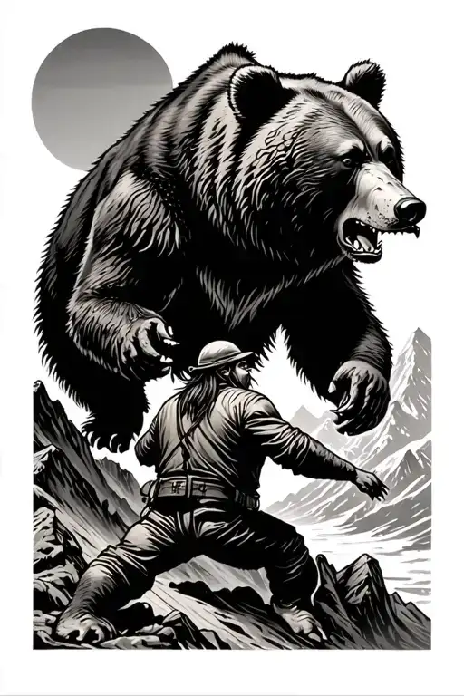 Bear attacking a mountain man tattoo design idea