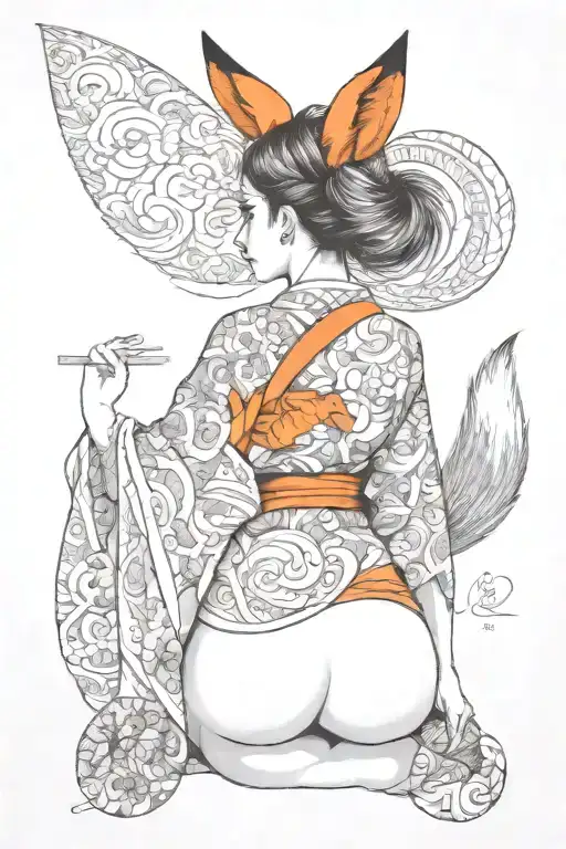 Sexy Girl, big boobs, revealing kimono, big fluffy fox tail from butt, fox ears, petite, sexual Facial expression. tattoo design idea