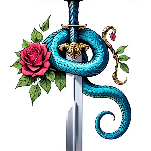 A fierce neo-traditional tattoo illustration of a blue serpent coiled tightly around a dagger, roses tattoo design idea