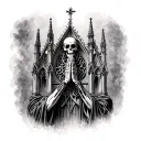 gothic cathedral with skeleton praying for sleeve piece on arms  tattoo design idea