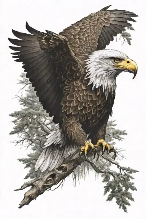 eagle head above forest and lake tattoo design idea
