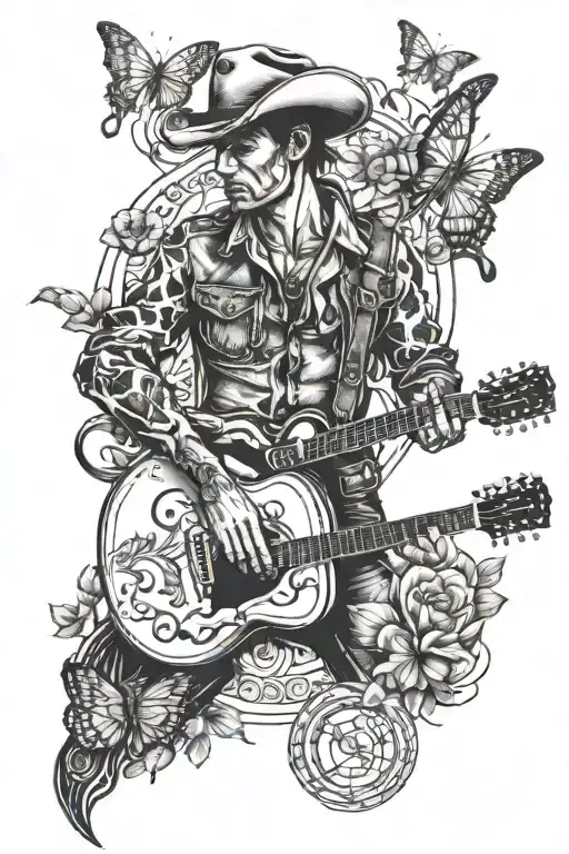 Cowboy with guitar, butterfly emerging tattoo design idea