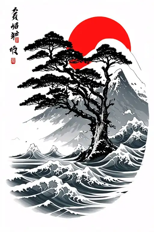 black and white Japanese art. horizontal line, snowy mountains and pine trees on one side, ocean waves red sun on other tattoo design idea