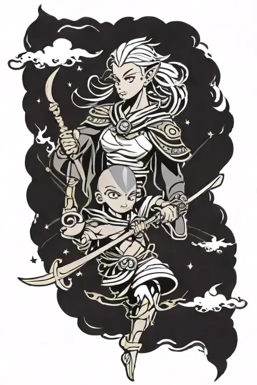 tui and La from anime avatar legend of aang in and yan colora black qnd gold tattoo design idea