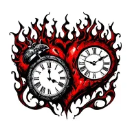 "Mélanie" clock heart in flame tattoo design idea
