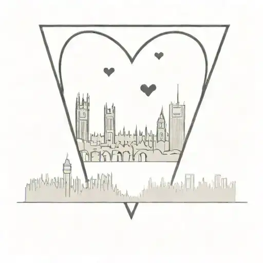 A minimalist silhouette of the London skyline with a small heart over the city, representing your time living in London and your love for travel tattoo design idea