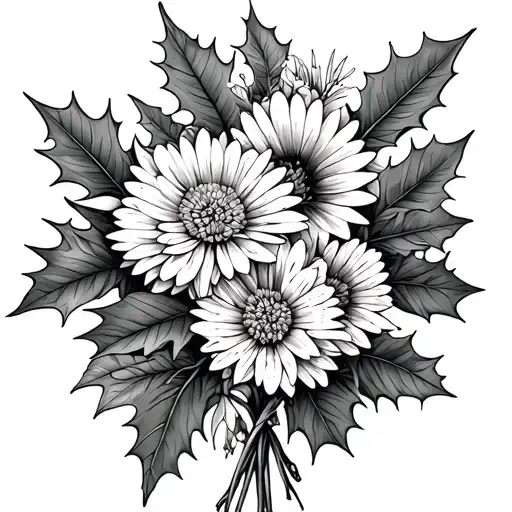holly and aster flower bouquet tied, fine line work tattoo design idea