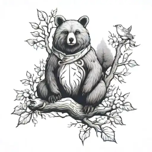 make a bear and a fox walk side by side with a kid in between them and an owl and a dove on a branch on a poison tree  tattoo design idea
