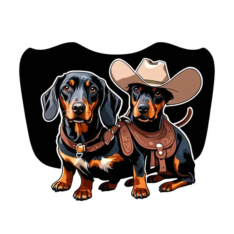 black weiner dog with cowboy hat and saddle adorned tattoo design idea